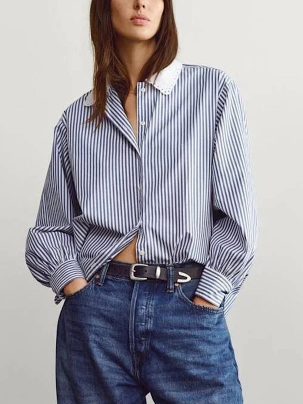 GAP x Dôen Organic Cotton Blue Stripe Lace Collar Blouse Size XXS